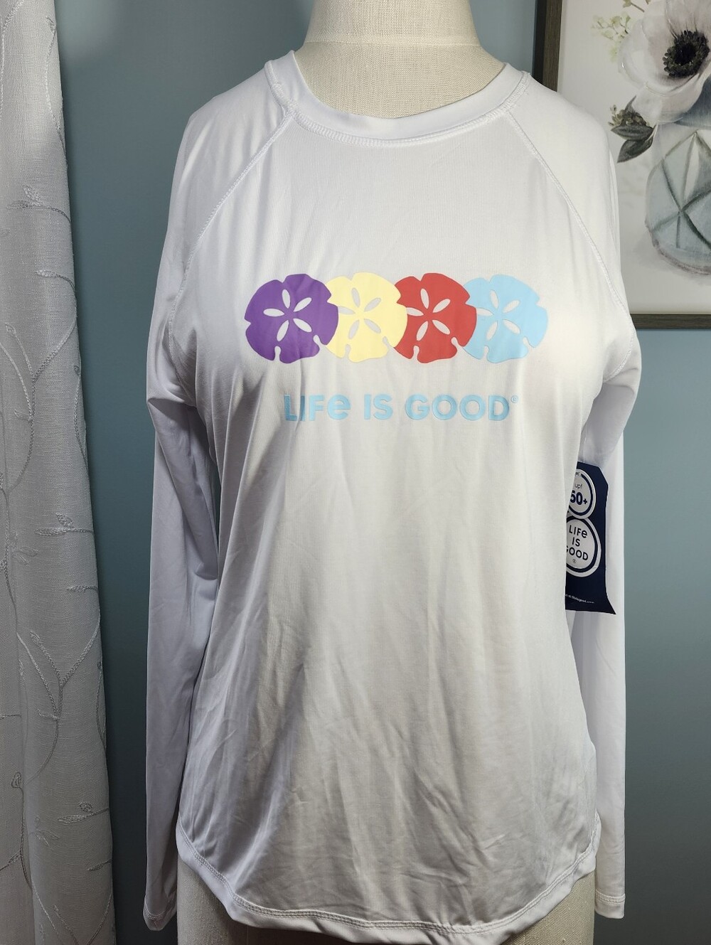 Life Is Good Long Sleeve Tee Sun Shirt Rash Guard Sand Dollar Graphic Women LG